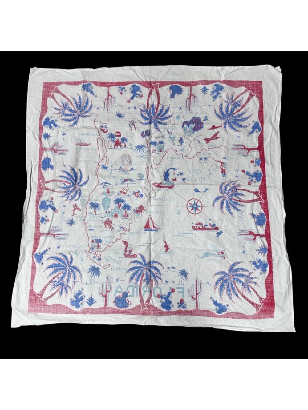 Vintage Florida Map Tablecloth Mid Century Kitschy Landmarks Red White Blue - Picture 3 of 8